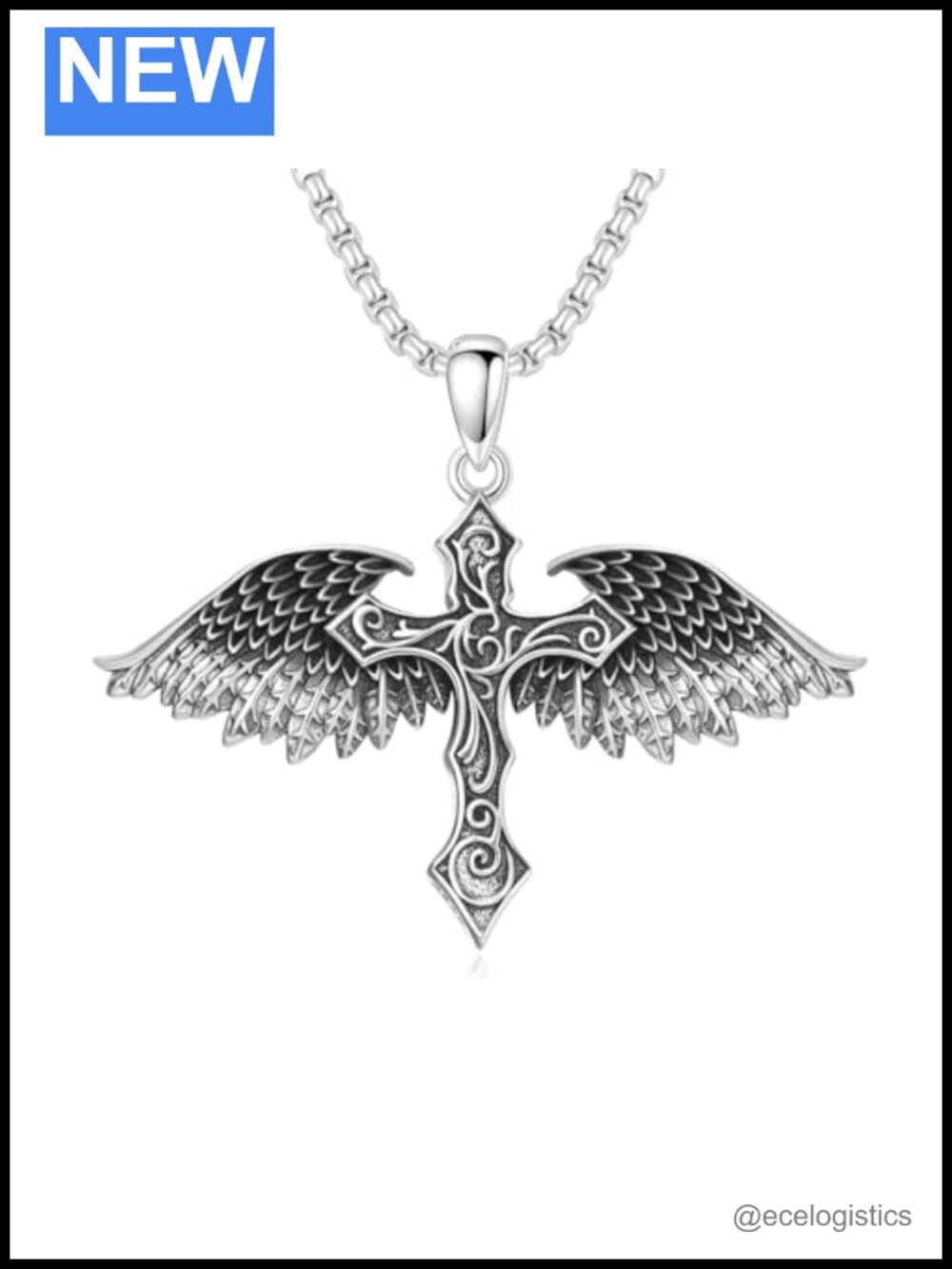 925 Sterling Silver Angel Wings Cross Pendant Necklace